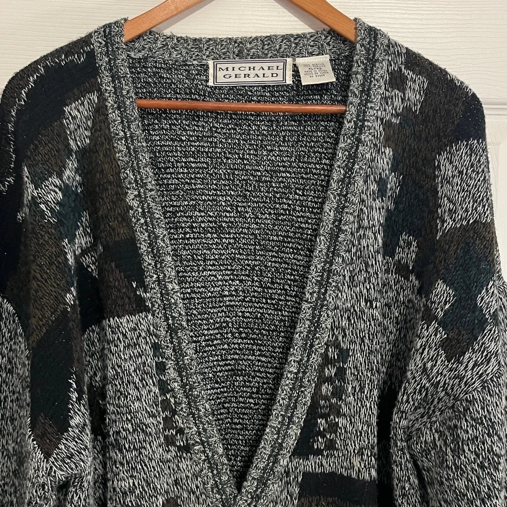 Vintage Michael Gerald Black/White Static w/ Geometric Prints Knit Cardigan XL